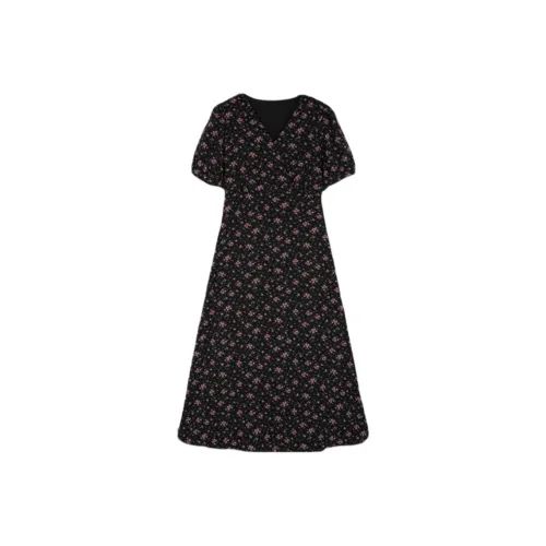 Mo Han Yi Mei Короткий рукав Платье Женское Черное с Фиолетовым Цветочным