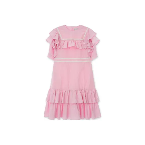 KIMHEKIM SS24 RUFFLED Нейлон Платье-миди Короткий Рукав Платье Женское Розовый Розовый