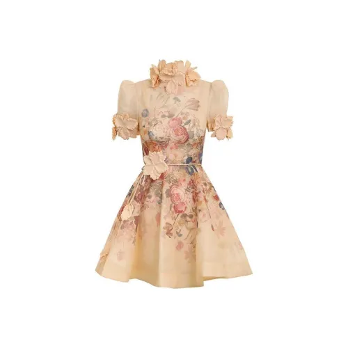 Zimmermann Бежево-желтые Женские Платья с Коротким Рукавом