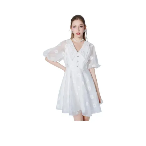 AIVEI Белое Женское Короткое Платье с Рукавами