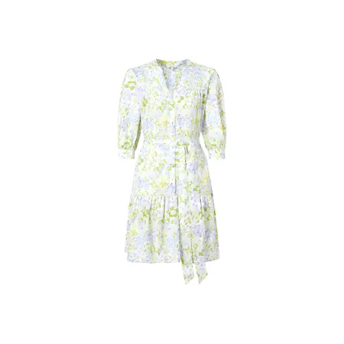 JZ Juzui Короткий рукав Платье Женское Цветочный дизайн Желтый Зеленый