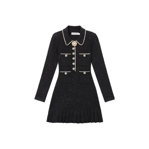 Self Portrait Длинное Платье с Длинными Рукавами Женское Классическое Черное