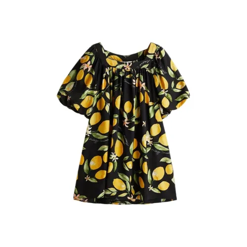 H&M Черное/Лимонное Женское Короткое Платье с Рукавами