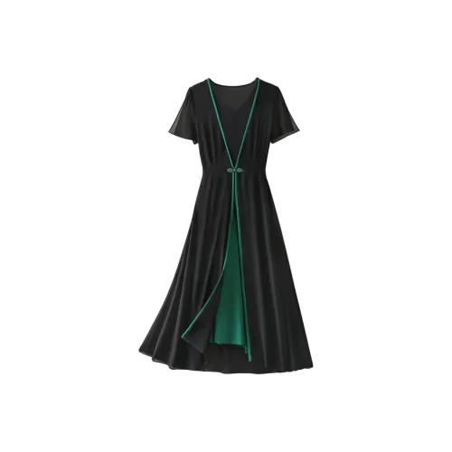 Cypress House Короткий рукав платье женское черное и зеленое