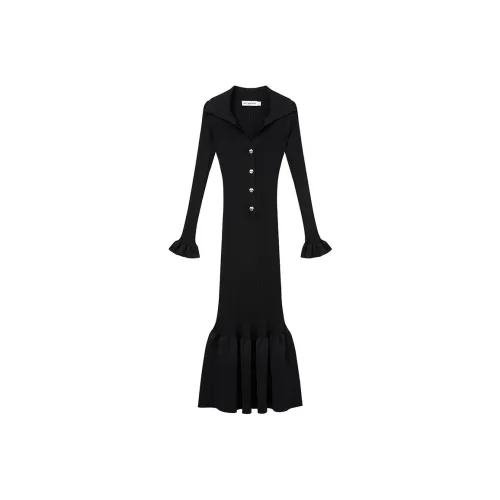 Self Portrait Длинное Платье с Длинными Рукавами Женское Классическое Черное