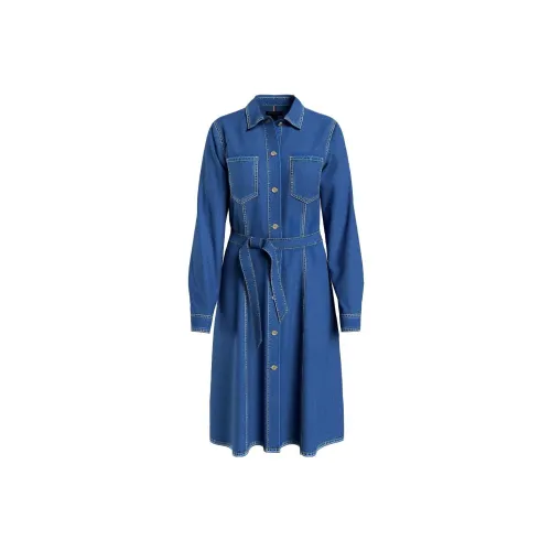 Tommy Hilfiger Belted Деним Форма And FLARE Платье Платья юбки MID Синий Длинный Sleeved Платье Женские Синий