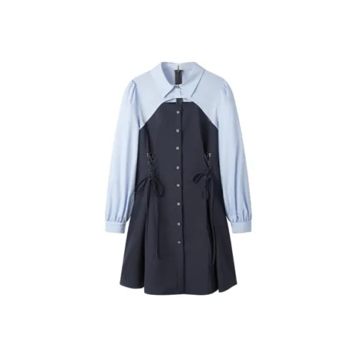 Pit Длинный рукав Платье Женское Серый Синий