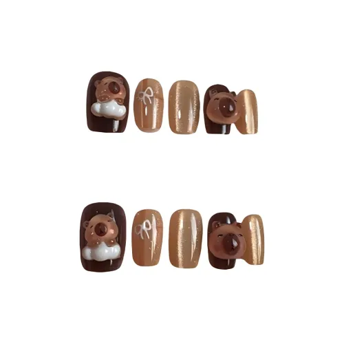 JIXUAN Sleepy Snooze Bear False Nail Trapezoidal Brown Jump Color Cute