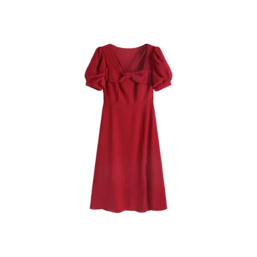 HUASJ Короткий рукав Платье Женское Темно-красное