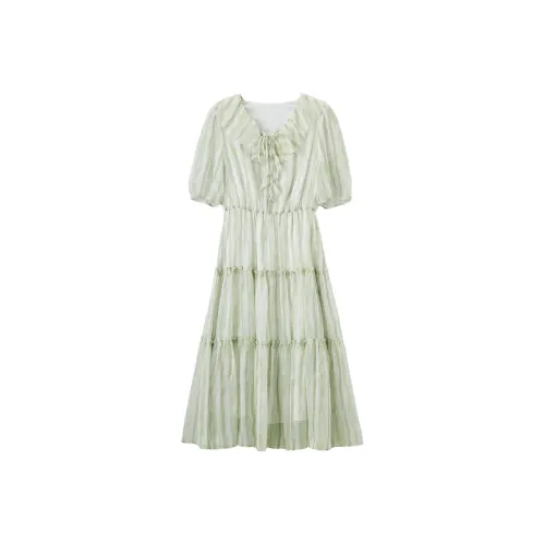 XIANGYING Короткий рукав Платье Женское Фруктовый зеленый