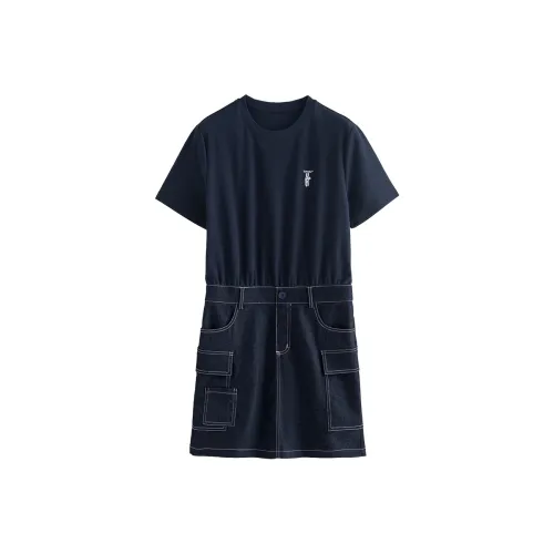 Initial Language Короткий рукав Платье Женское Темно-королевский синий
