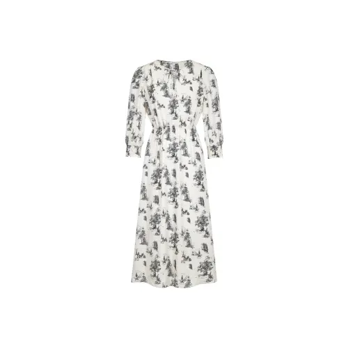 JZ Juzui Длинное платье с длинными рукавами женское бежевый узор белый