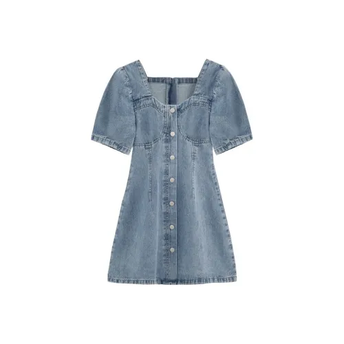 Yvetteclassic Короткий рукав Платье Женское Джинсовый синий