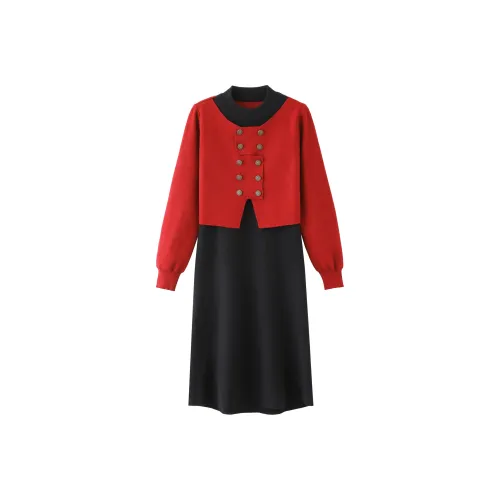 Корейский стиль длинный рукав платье женское красное