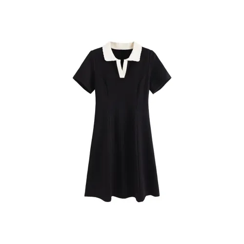 ETSE Короткий рукав Платье Женское Хепберн Черный