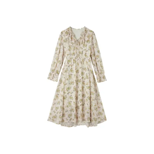 Dme Желтые Женские Длинные Платья с Рукавами