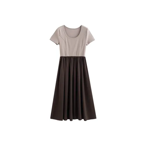 Initial Language Короткий рукав Платье Женское Темный кофейный