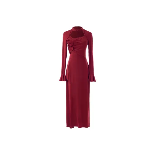 Blovelan Длинное платье с длинными рукавами женское розово-красное