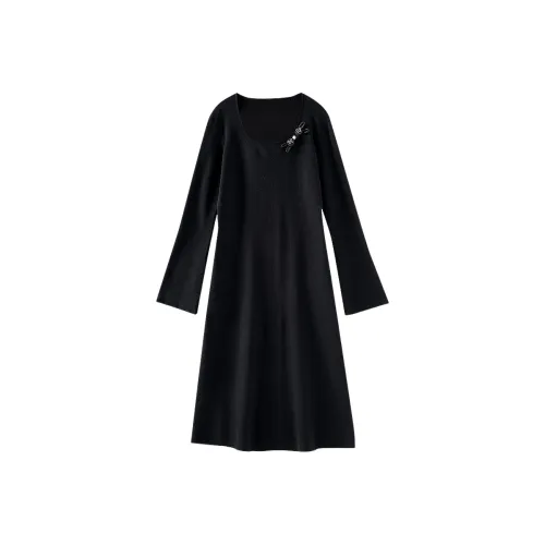 OUNIXUE Длинное платье с длинным рукавом женское черное