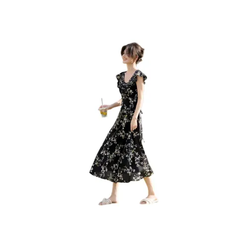 XWI Короткий рукав Платье Женское Черное с цветочным узором