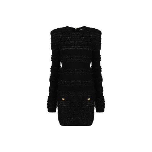 BALMAIN Черное Женское Длинное Платье с Рукавами