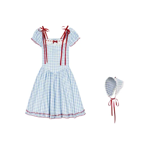 MO VOICE Короткий рукав Платье Женское Синие клетчатые Платье