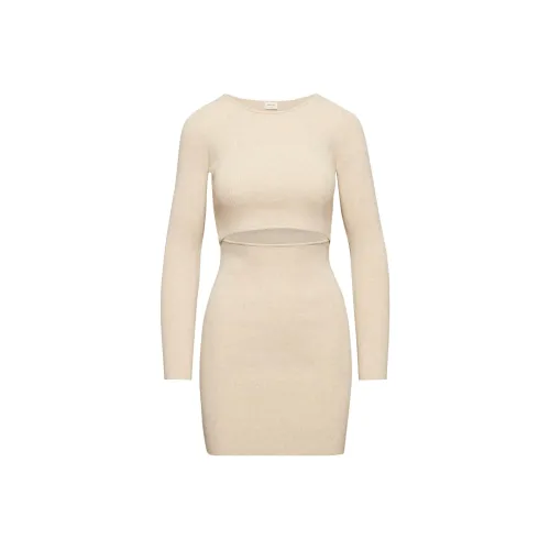ARITZIA WILFRED Бесплатно Cut Out KNIT Длинный рукав Мини Платье Длинный рукав Платье Женские Heather Flax Beige