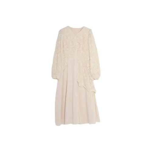 SETIROM Экрю Женские Длинные Платья с Рукавами