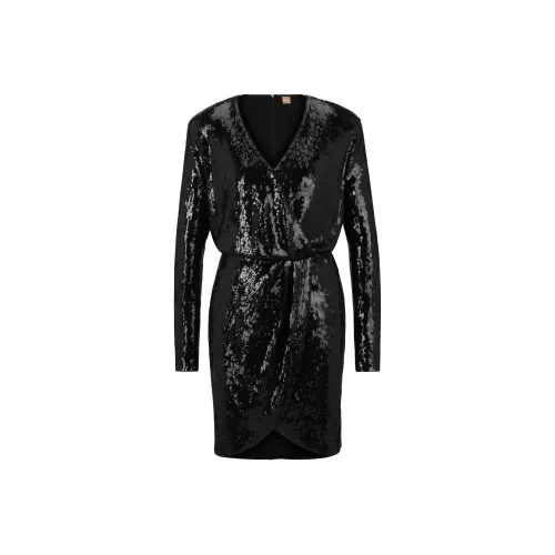 HUGO BOSS Черное Женское Длинное Платье с Длинным Рукавом