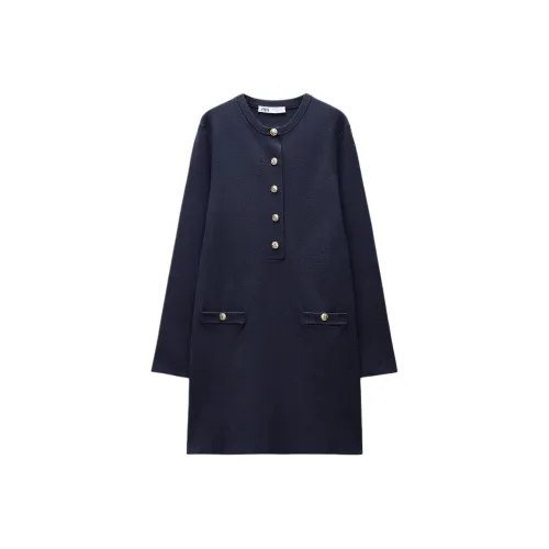 ZARA Длинное платье с длинными рукавами женское морской синий