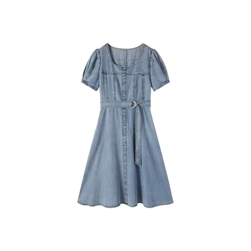 XIANGYING Короткий рукав Платье Женское Джинсовый синий