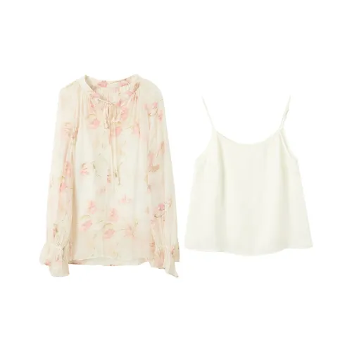 3COLOUR Комплект Рубашка Matching Набор Женская Одежда Sets Экрю Цветочный Рубашка + Топ на бретелях