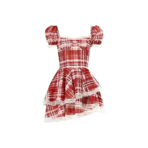 Lookinto Короткий рукав платье женское красное в клетку