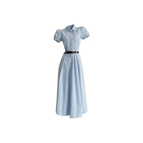 Vine Color Короткий рукав платье женское светло-синяя клетка