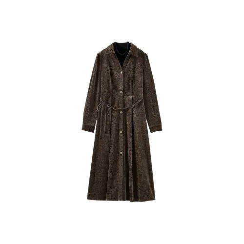 OUNIXUE Длинное платье с длинным рукавом женское темно-кофейное