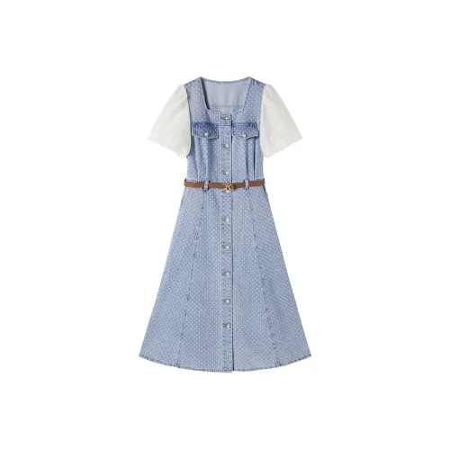 XIANGYING Короткий рукав Платье Женское Синее