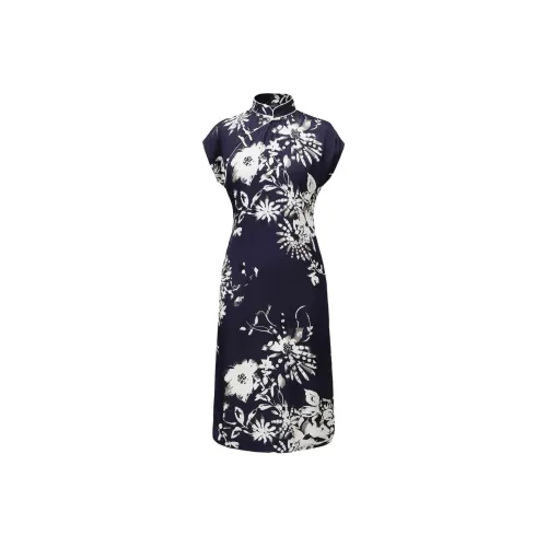 Shanghai Tang Короткий рукав Платье Женское Синее
