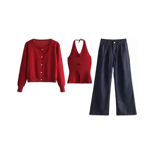 UTHA Повседневный Комплект Женский Красный Кардиган + Красная Майка + Темно-Синие Джинсы