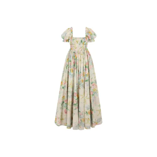 Selkie Коллекция Короткий рукав Платье Женское Абрикос с Лазурный Розовый Принт