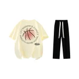 Комплект одежды (Бежевая Желтая Футболка + Черные Повседневные Штаны)