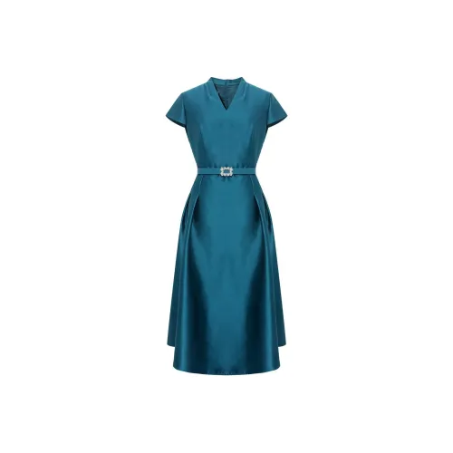 BBLLUUEE SS24 Короткий рукав Платье Женское Отражающий Морской синий