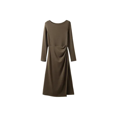 NANGUAGU Темно-оливково-зеленые женские длинные платья с длинными рукавами