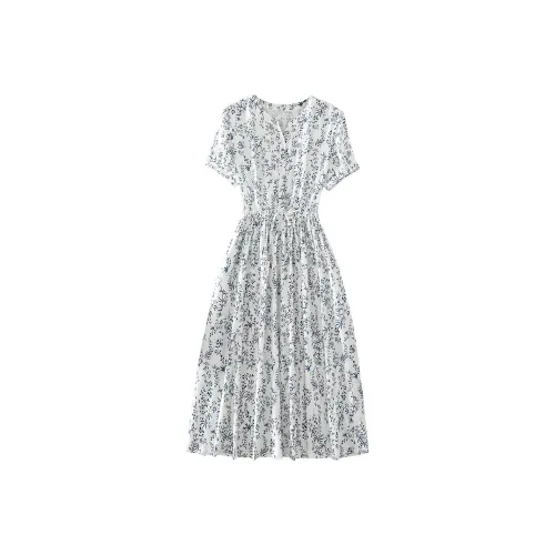 Ning Cai Yuer Короткий рукав Платье Женское Белый и Синий Керамика