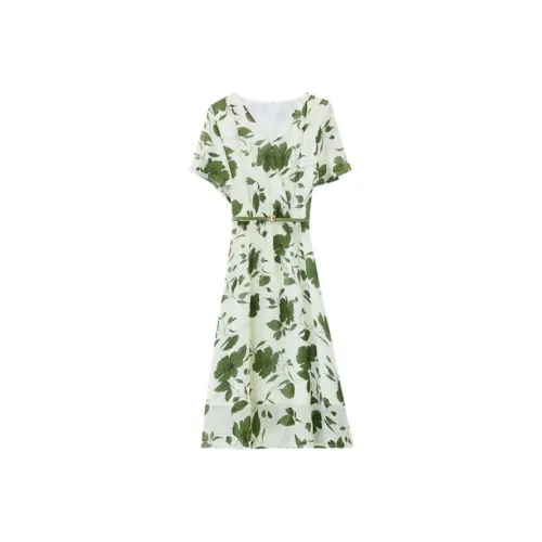 PLANE DRIFT Короткий рукав платье женский белый основа зеленый цветочный