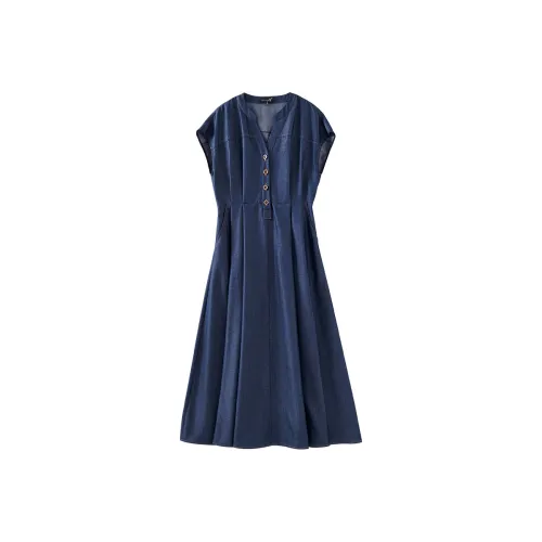 OUNIXUE Короткий рукав Платье Женское Джинсовый синий