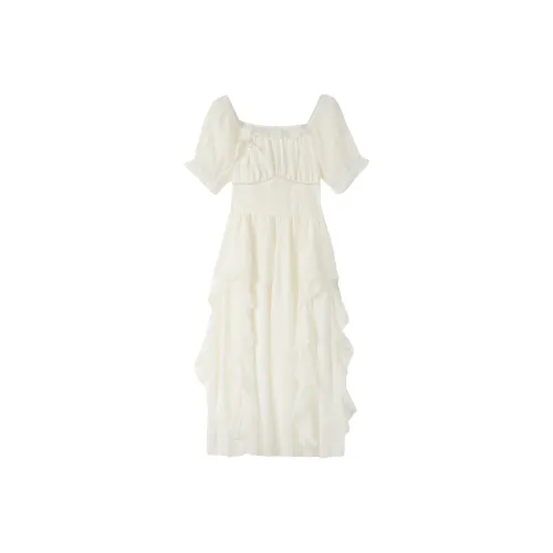 ONE PASS STUDIO Короткий рукав Платье Женское Абрикосовый Белый