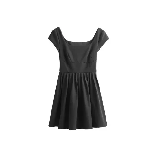 YITOUAGUA Черное Женское Короткое Платье с Короткими Рукавами