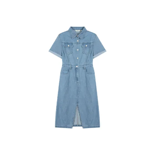 Mo Han Yi Mei Короткий рукав Платье Женское Джинсовый синий