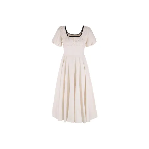 AUNTLUANDUNCLEZHUO Кремово-бежевый Длинное Женское Платье с Короткими Рукавами