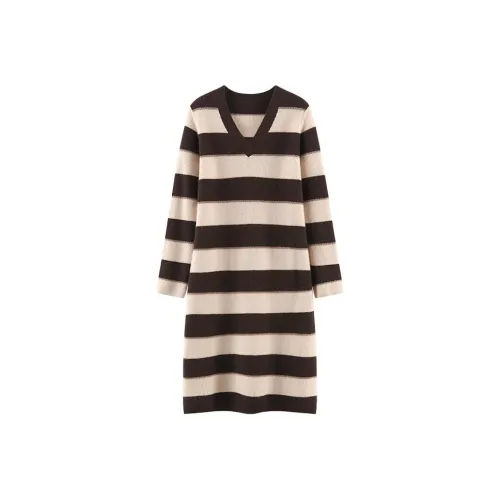 MAIGRE SIMHAT Длинное платье с длинными рукавами женское темно-кофейное + бежевое